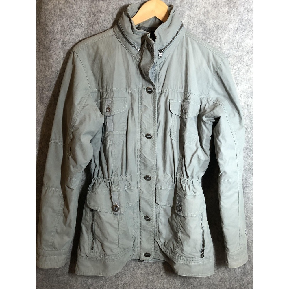 Kuhl Jacket Women Small Gray Utility Field Coat Hood Quilted Lined Packable Stow